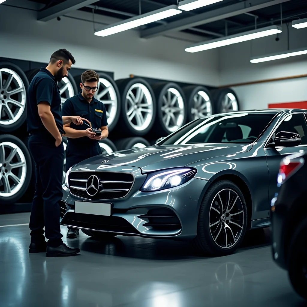 dois homens olhando um carro